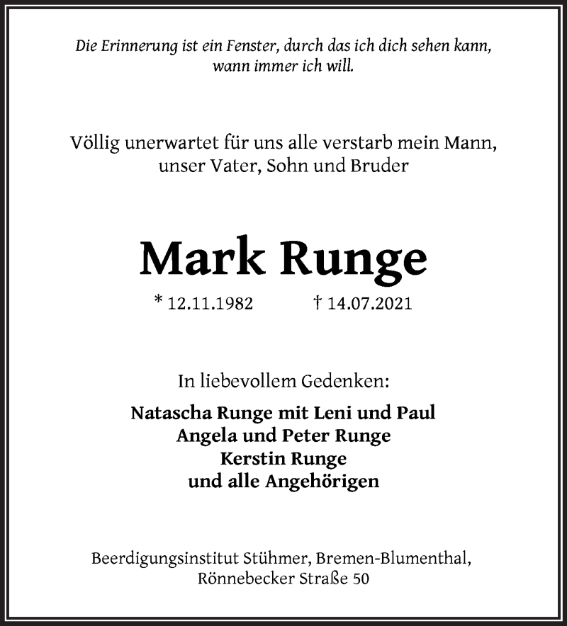 Traueranzeige von Mark Runge von WESER-KURIER