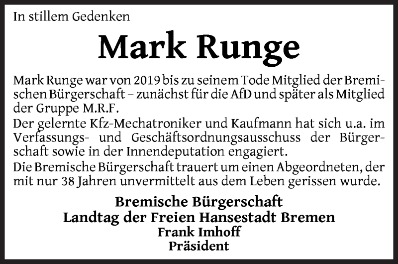 Traueranzeige von Mark Runge von WESER-KURIER