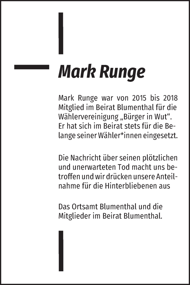 Traueranzeige von Mark Runge von Die Norddeutsche