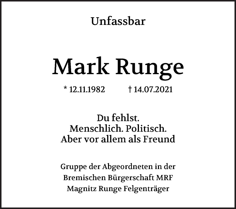Traueranzeige von Mark Runge von WESER-KURIER