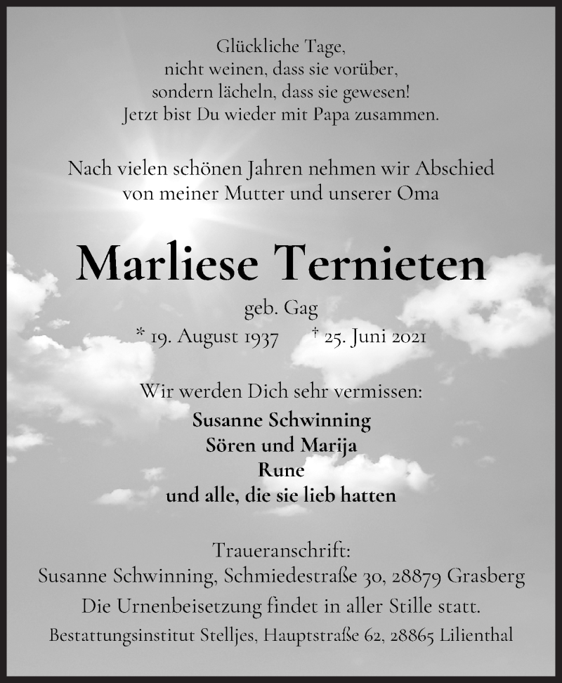 Traueranzeige von Marliese Ternieten von Wuemme Zeitung