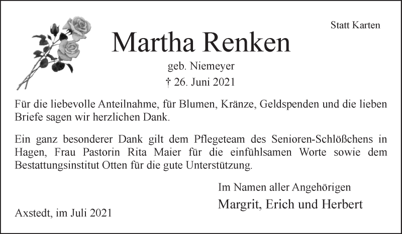 Traueranzeige von Martha Renken von Osterholzer Kreisblatt