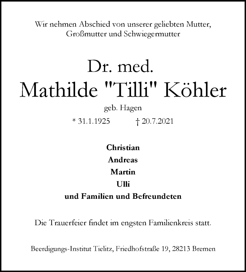 Traueranzeige von Mathilde  Köhler von WESER-KURIER
