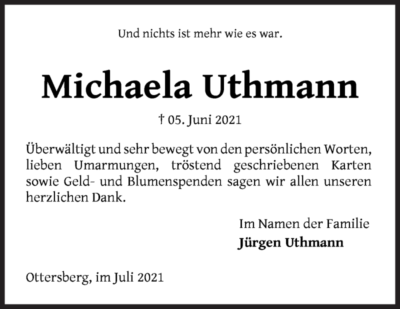 Traueranzeige von Michaela Uthmann von Achimer Kurier/Verdener Nachrichten