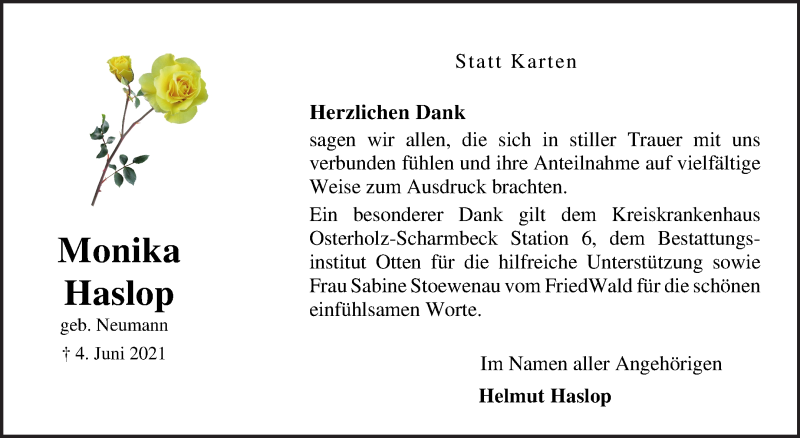 Traueranzeige von Monika Haslop von Osterholzer Kreisblatt