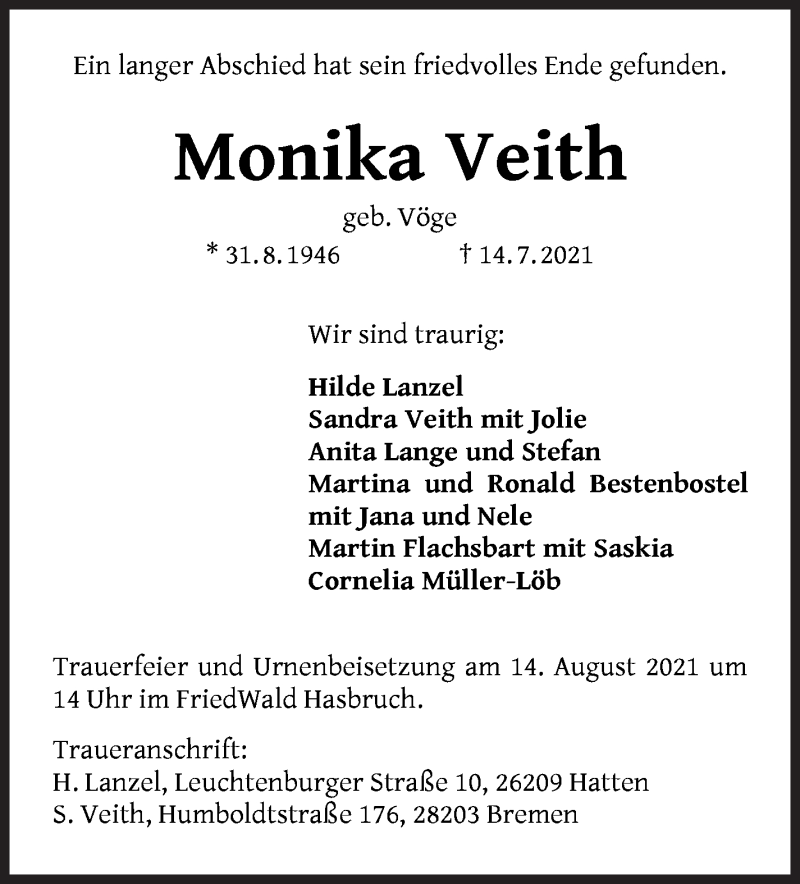 Traueranzeige von Monika Veith von WESER-KURIER