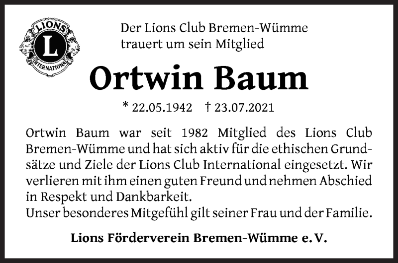 Traueranzeige von Ortwin Baum von WESER-KURIER