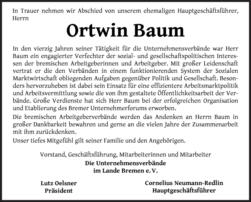Traueranzeige von Ortwin Baum von WESER-KURIER
