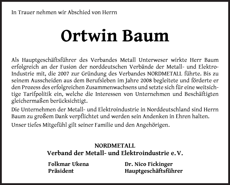 Traueranzeige von Ortwin Baum von WESER-KURIER