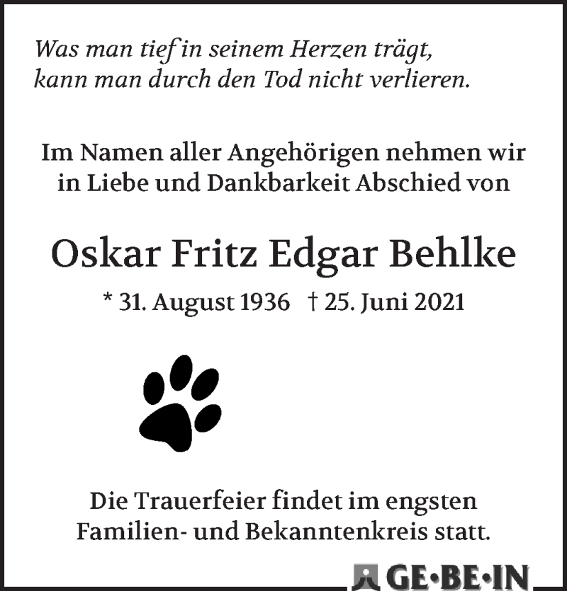 Traueranzeige von Oskar Fritz Edgar Behlke von WESER-KURIER
