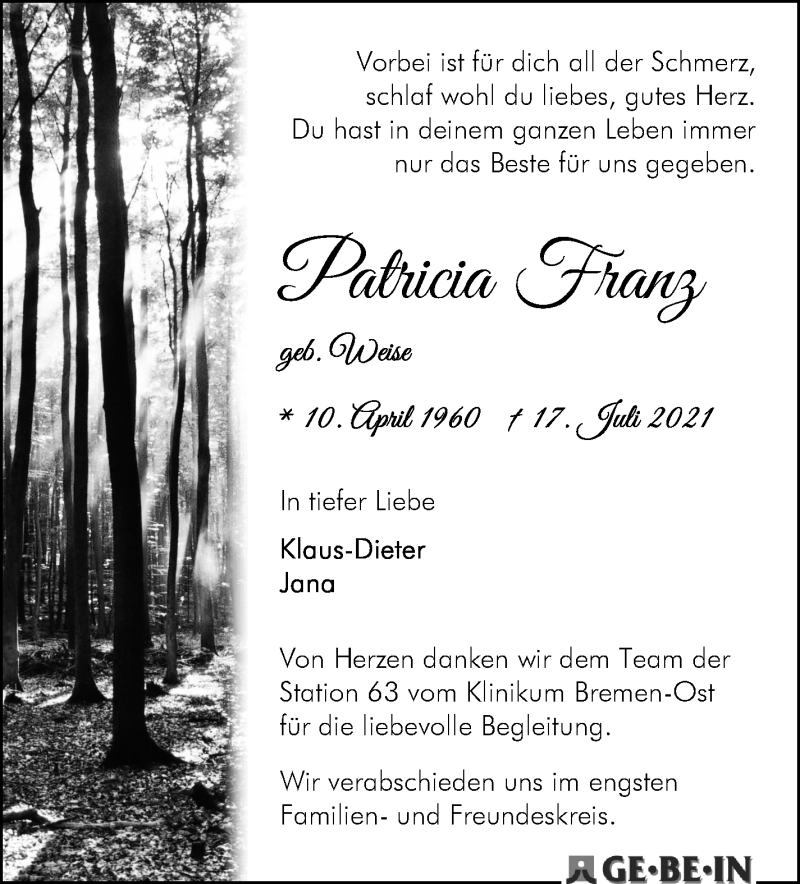 Traueranzeige von Patricia Franz von WESER-KURIER