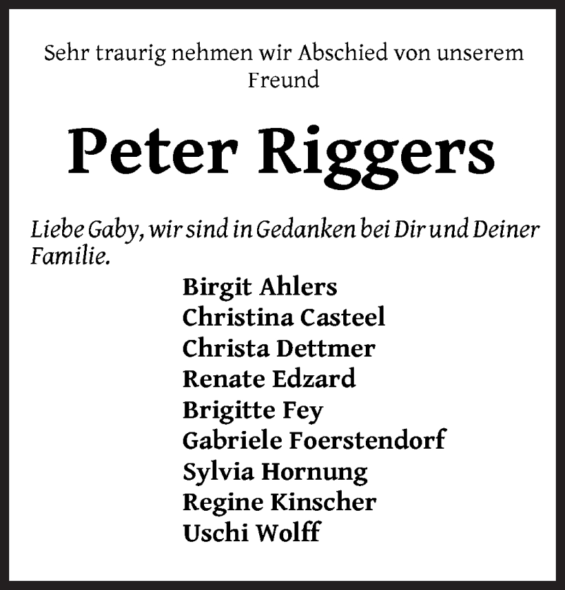 Traueranzeige von Peter Riggers von WESER-KURIER