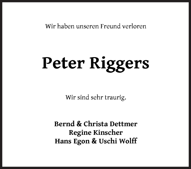 Traueranzeige von Peter Riggers von WESER-KURIER
