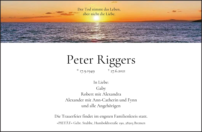 Traueranzeige von Peter Riggers von WESER-KURIER