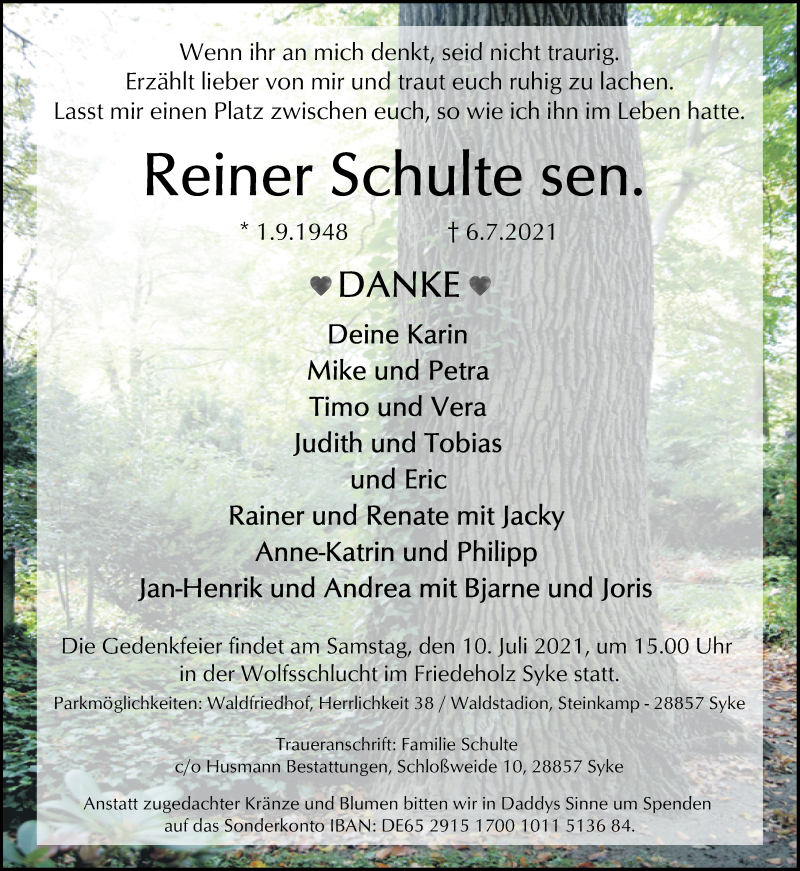 Traueranzeige von Reiner Schulte von WESER-KURIER