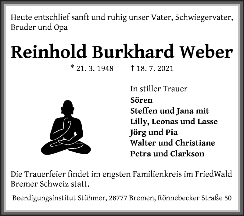 Traueranzeige von Reinhold Burkhard Weber von Die Norddeutsche