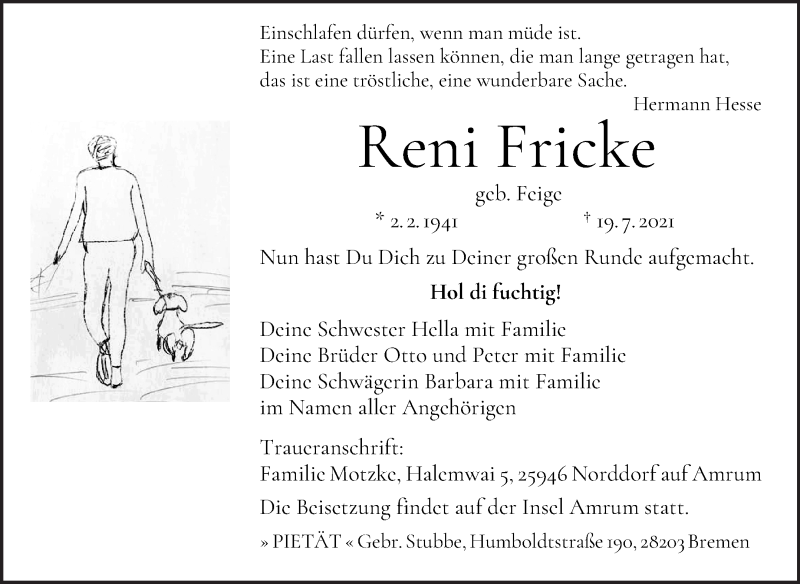 Traueranzeige von Reni Fricke von WESER-KURIER