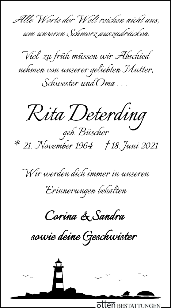 Traueranzeige von Rita Deterding von Osterholzer Kreisblatt