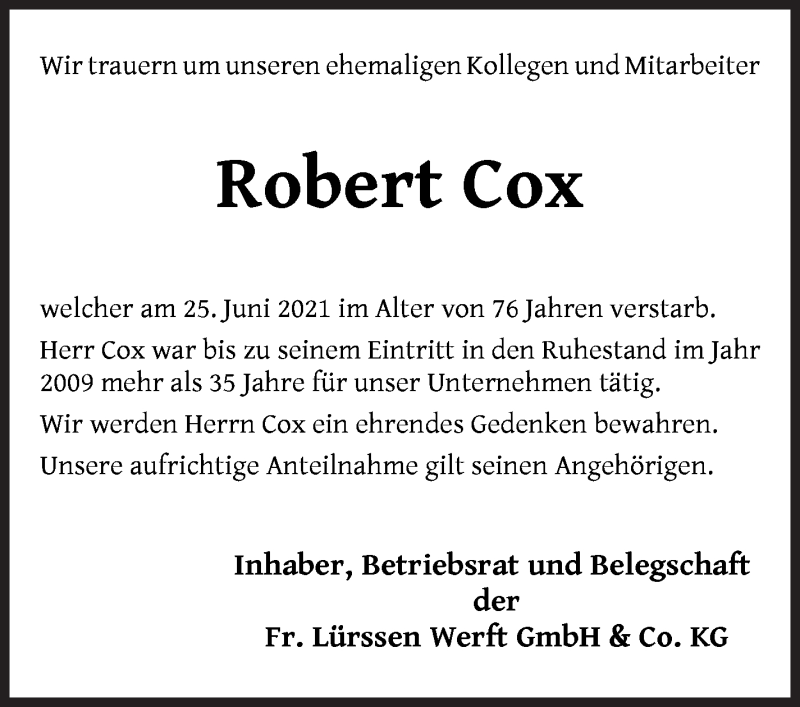Traueranzeige von Robert Cox von Die Norddeutsche