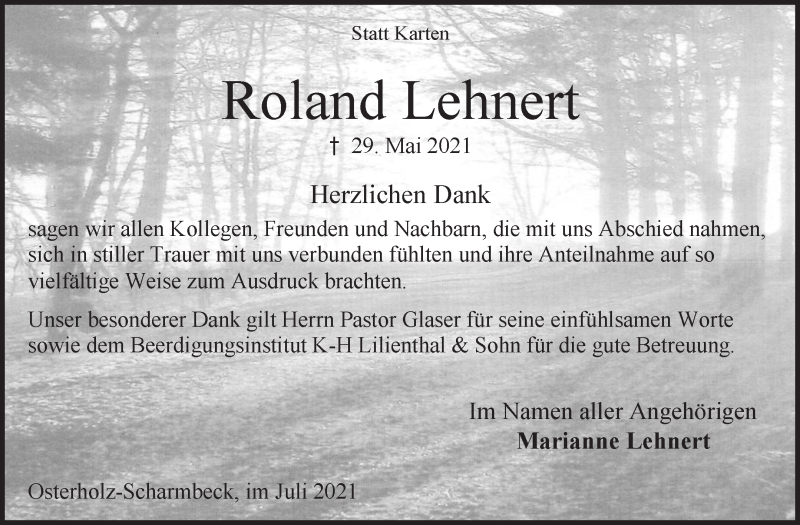 Traueranzeige von Roland Lehnert von Osterholzer Kreisblatt