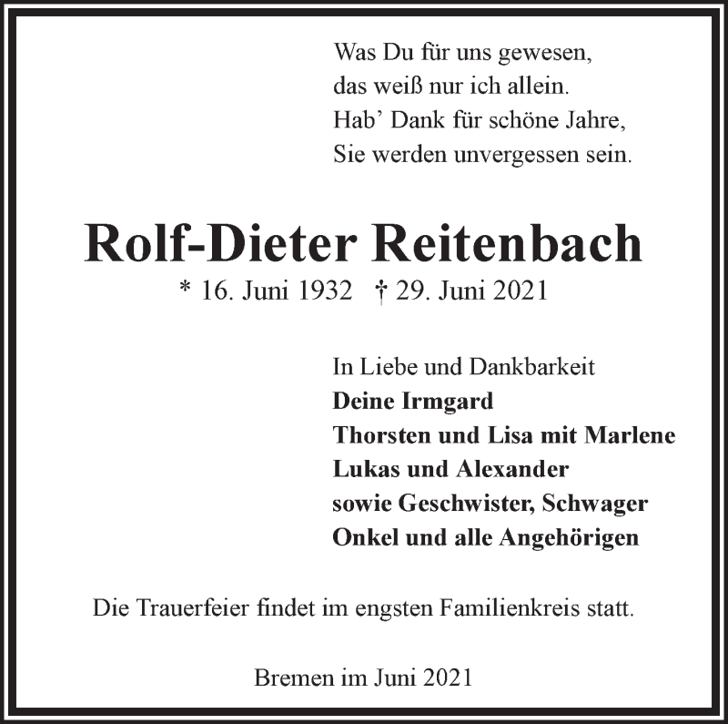 Traueranzeige von Rolf-Dieter Reitenbach von WESER-KURIER