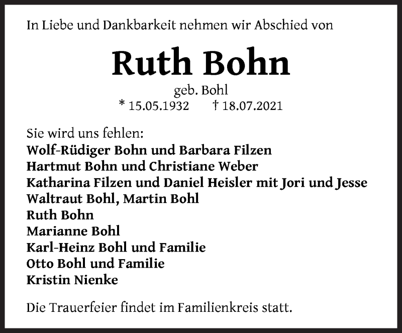 Traueranzeige von Ruth Bohn von WESER-KURIER