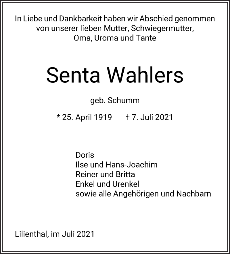 Traueranzeige von Senta Wahlers von Wuemme Zeitung