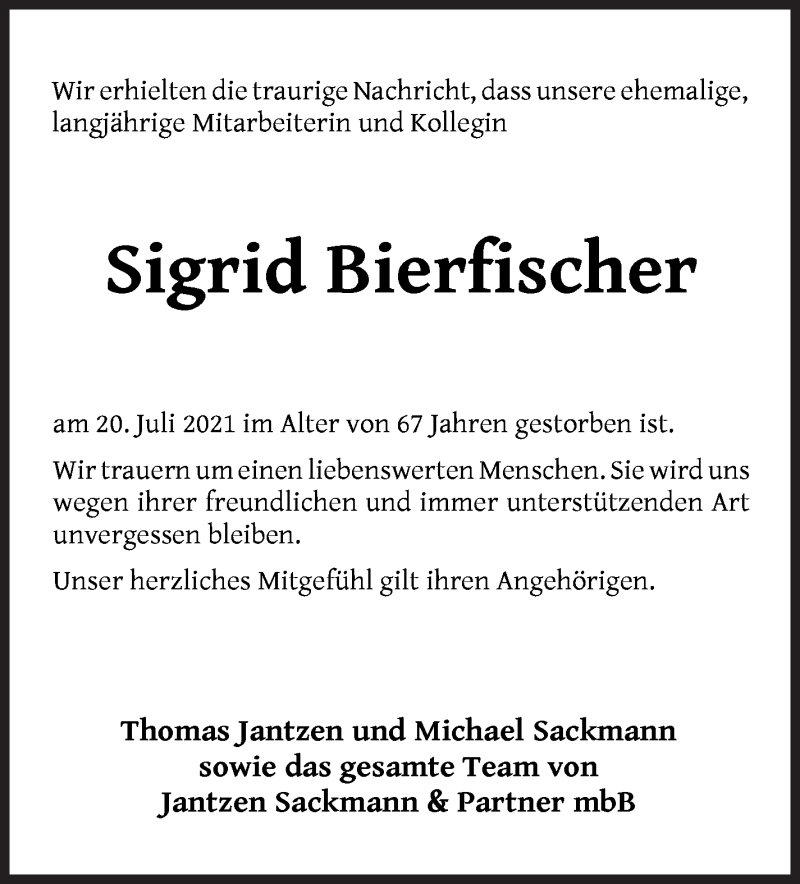 Traueranzeige von Sigrid Bierfischer von WESER-KURIER