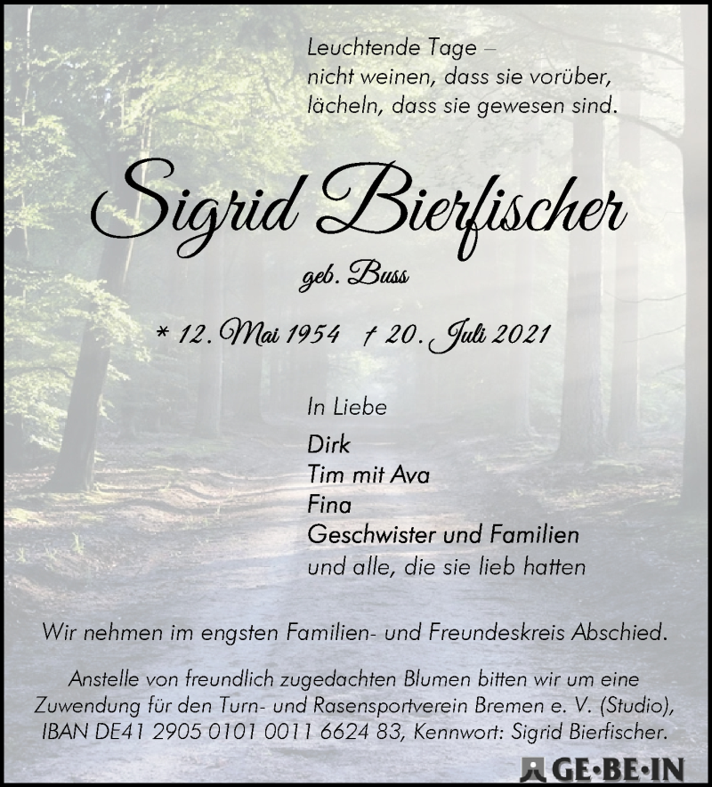 Traueranzeige von Sigrid Bierfischer von WESER-KURIER
