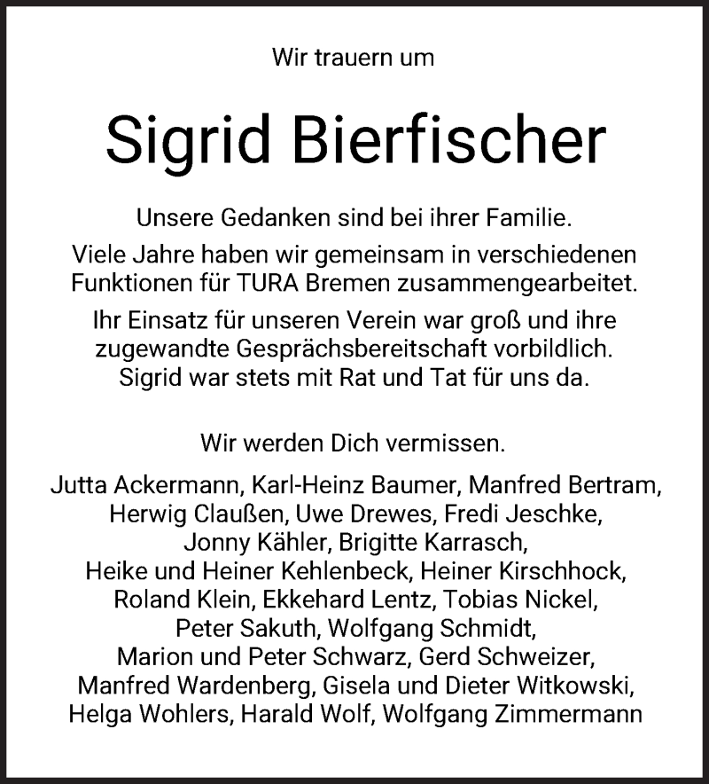 Traueranzeige von Sigrid Bierfischer von WESER-KURIER