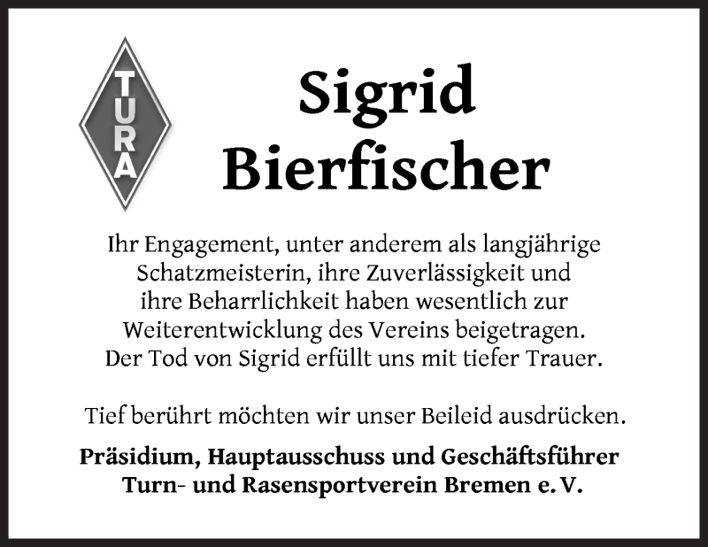 Traueranzeige von Sigrid Bierfischer von WESER-KURIER