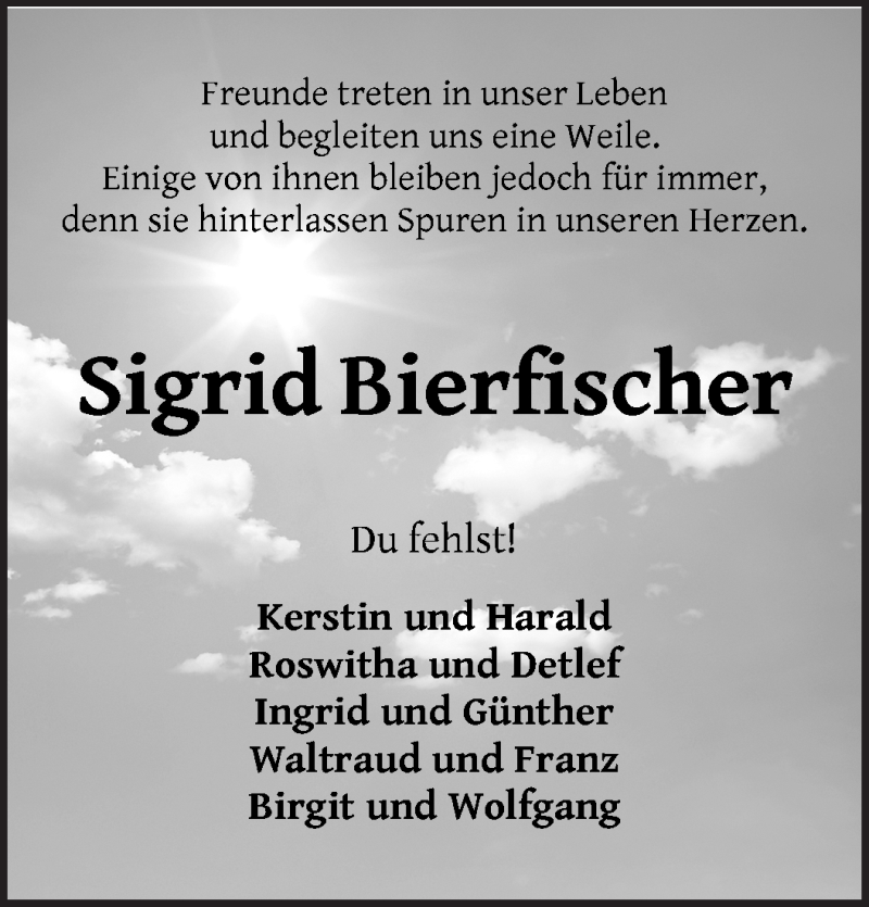 Traueranzeige von Sigrid Bierfischer von WESER-KURIER