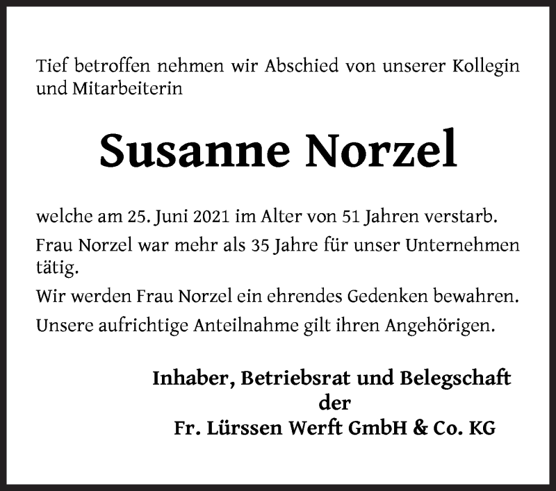 Traueranzeige von Susanne Norzel von Die Norddeutsche