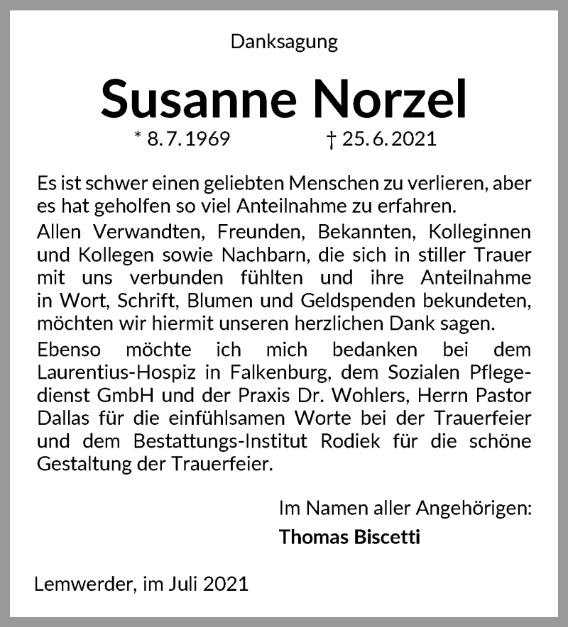 Traueranzeige von Susanne Norzel von Die Norddeutsche