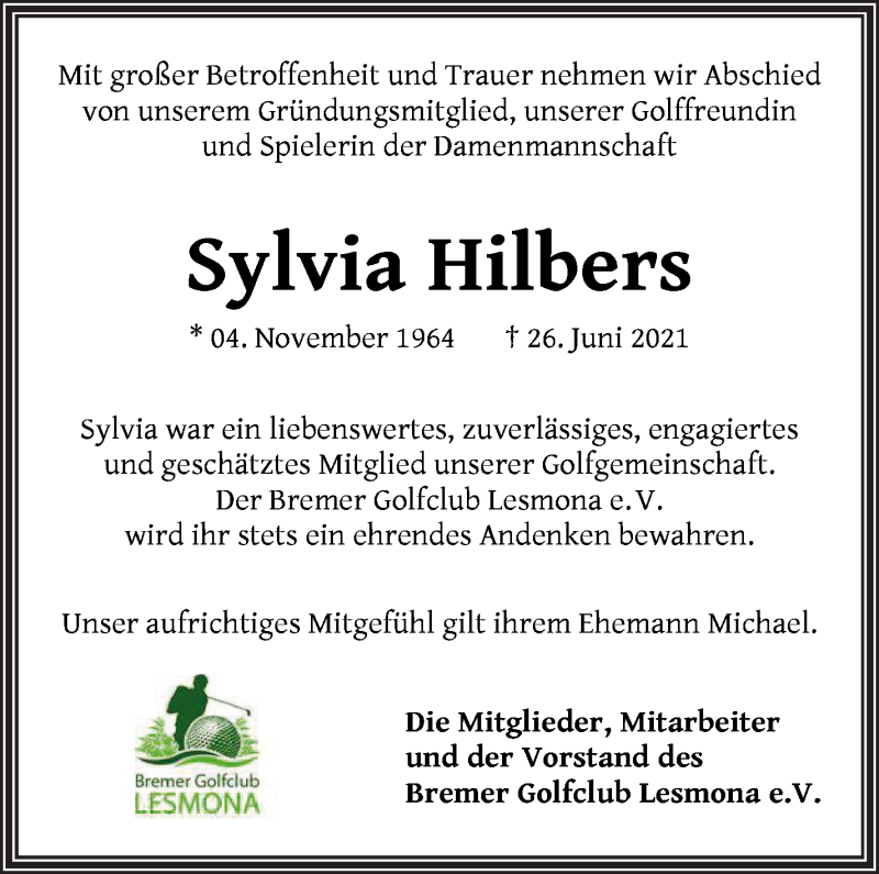 Traueranzeige von Sylvia Hilbers von WESER-KURIER