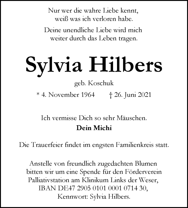 Traueranzeige von Sylvia Hilbers von WESER-KURIER