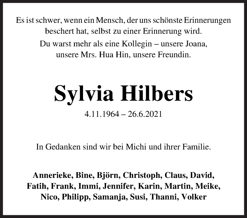 Traueranzeige von Sylvia Hilbers von WESER-KURIER