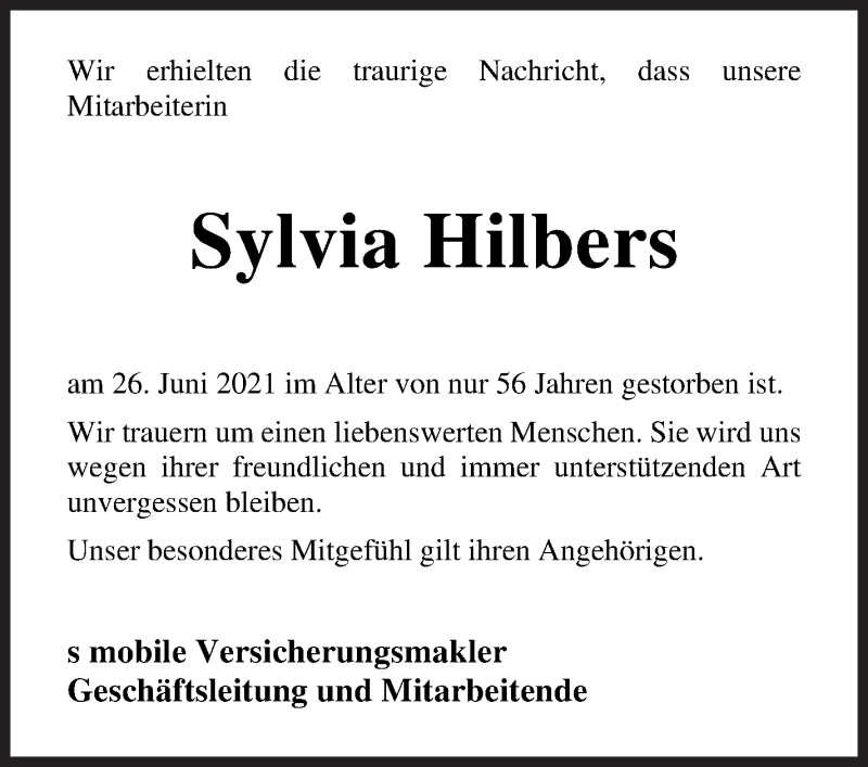Traueranzeige von Sylvia Hilbers von WESER-KURIER