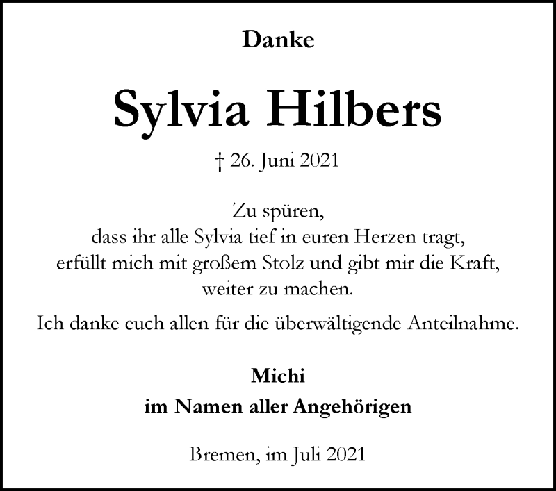 Traueranzeige von Sylvia Hilbers von WESER-KURIER