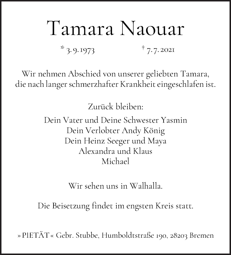Traueranzeige von Tamara Naouar von WESER-KURIER