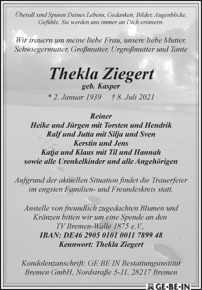 Traueranzeige von Thekla Ziegert von WESER-KURIER