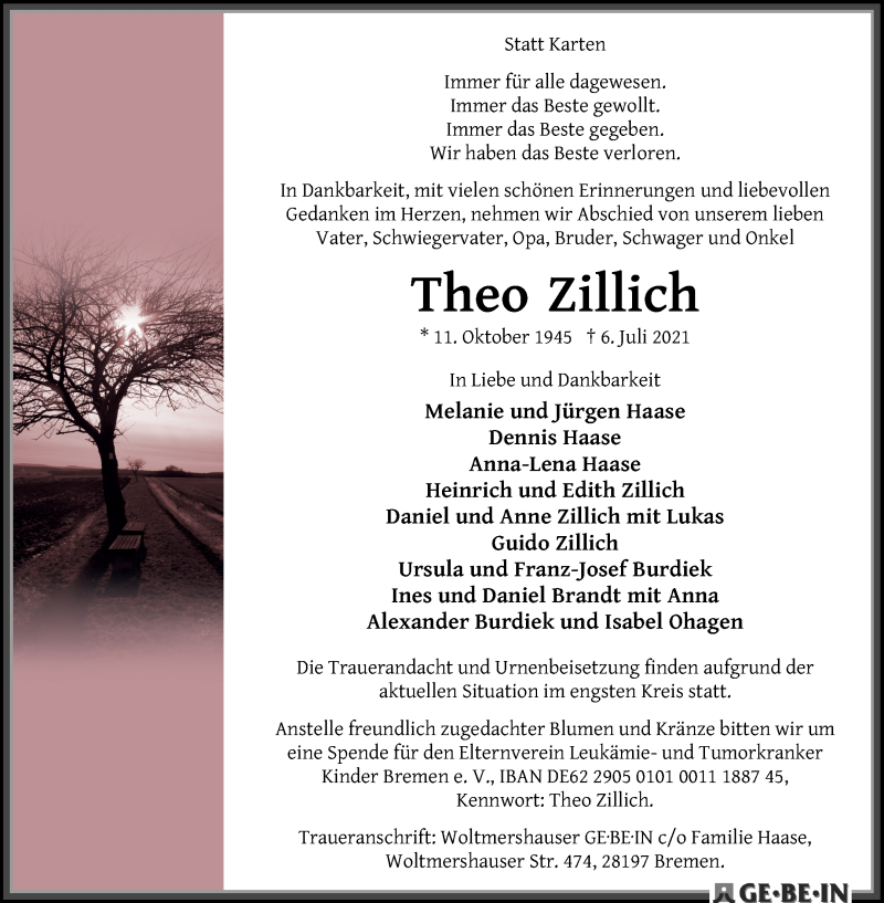 Traueranzeige von Theo Zillich von WESER-KURIER
