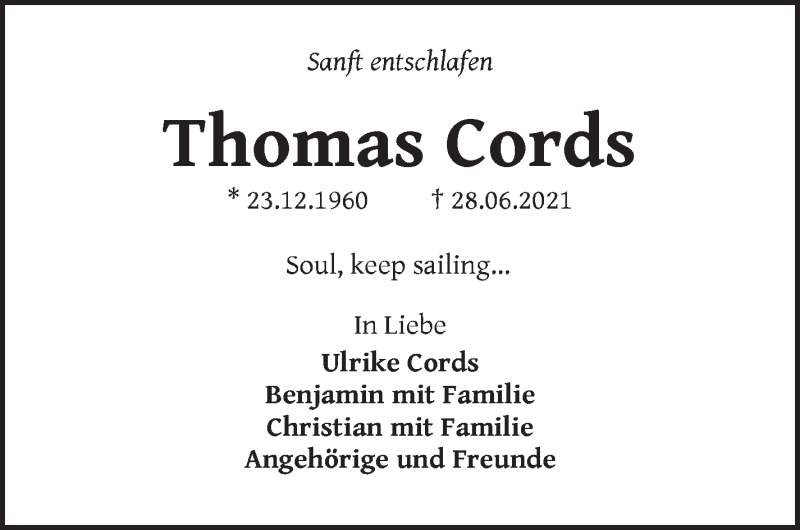 Traueranzeige von Thomas Cordes von WESER-KURIER