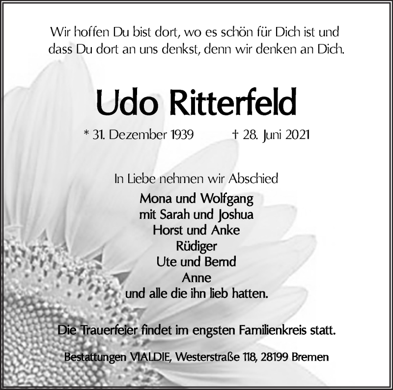 Traueranzeige von Udo Ritterfeld von WESER-KURIER