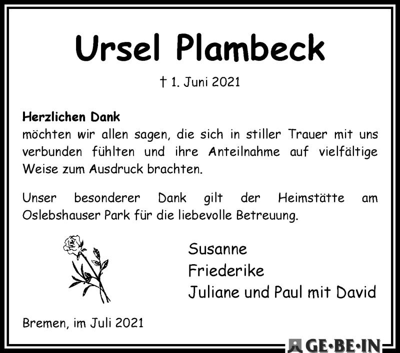 Traueranzeige von Ursel Plambeck von WESER-KURIER