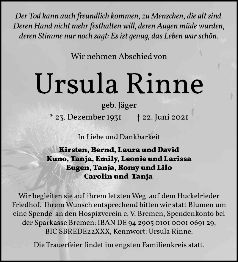 Traueranzeige von Ursula Rinne von WESER-KURIER