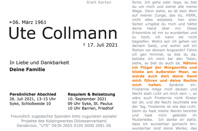 Traueranzeige von Ute Collmann von Regionale Rundschau/Syker Kurier