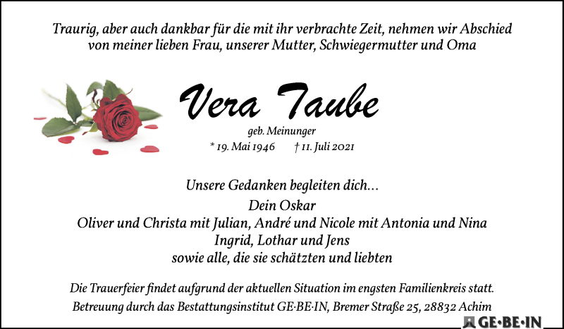Traueranzeige von Vera Taube von Achimer Kurier/Verdener Nachrichten