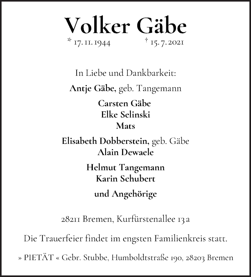 Traueranzeige von Volker Gäbe von WESER-KURIER
