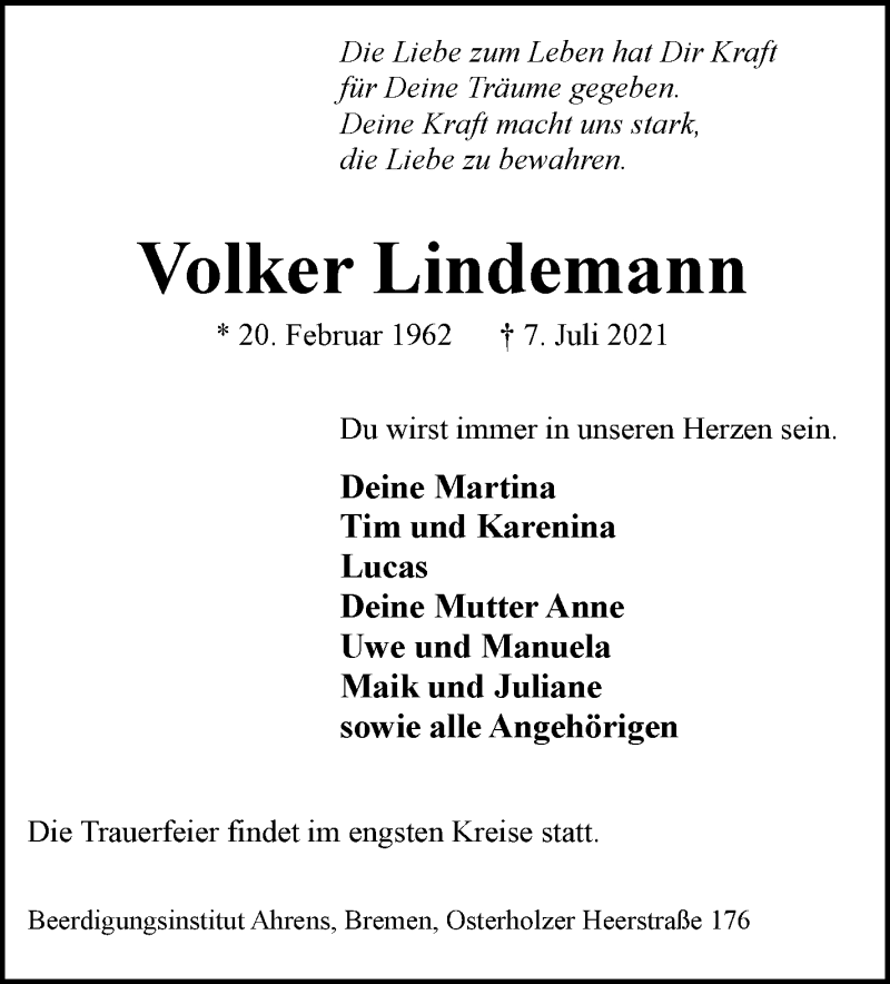 Traueranzeige von Volker Lindemann von WESER-KURIER